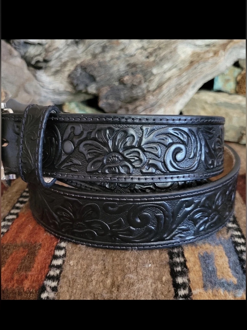 JUSTIN Belt Mens Size 45 Black Tooled Leather Classic Longhorn C11193 Western - Picture 1 of 7